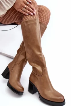 Boto Kozaki Przed Kolano|Kozaki Na Obcasie*Damskie Kozaki Ocieplane Na Słupku Ciemnobeżowe Theisen