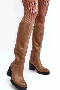 Boto Kozaki Przed Kolano|Kozaki Na Obcasie*Damskie Kozaki Ocieplane Na Słupku Ciemnobeżowe Theisen