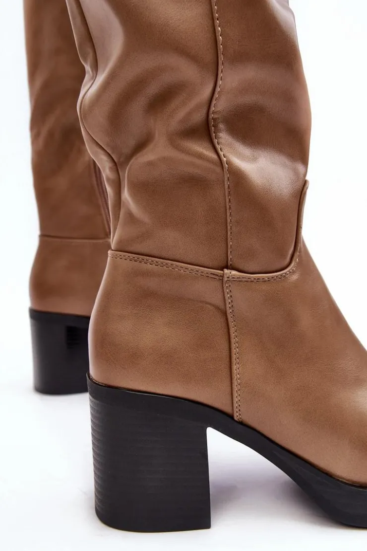 Boto Kozaki Przed Kolano|Kozaki Na Obcasie*Damskie Kozaki Ocieplane Na Słupku Ciemnobeżowe Theisen