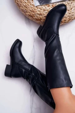 Hot Buty Sergio Leone Damskie Kozaki Płaski Obcas Sergio Leone Ocieplane Czarne KZ280