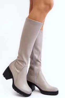 Online Buty Sergio Leone Damskie Kozaki Przed Kolano Na Obcasie Ocieplane Szare Sislene