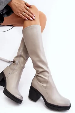 Online Buty Sergio Leone Damskie Kozaki Przed Kolano Na Obcasie Ocieplane Szare Sislene