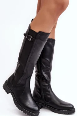 Damskie Evento Damskie Kozaki Przed Kolano Na Płaskim Obcasie Czarne Klemmo