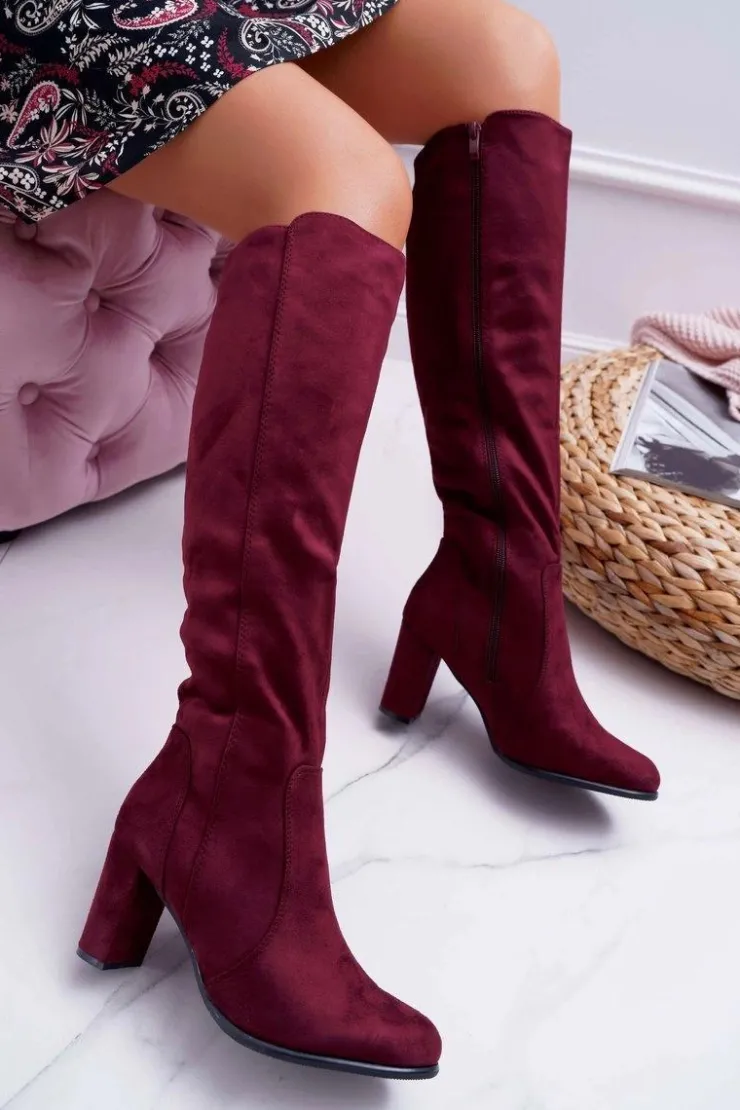 Sale Buty Sergio Leone Damskie Kozaki Sergio Leone Zamszowe Bordowe KZ275