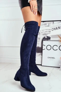 Buty Sergio Leone Kozaki Wiosenne|Kozaki Na Obcasie*Damskie kozaki Sergio Leone lycra granatowe KZ281