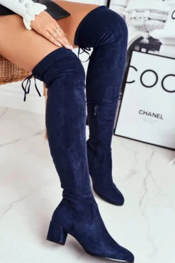 Buty Sergio Leone Kozaki Wiosenne|Kozaki Na Obcasie*Damskie kozaki Sergio Leone lycra granatowe KZ281