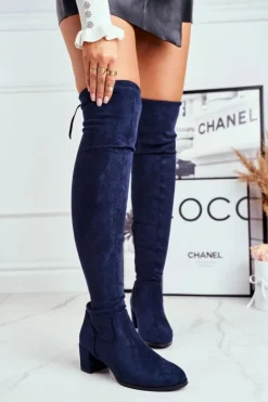 Buty Sergio Leone Kozaki Wiosenne|Kozaki Na Obcasie*Damskie kozaki Sergio Leone lycra granatowe KZ281