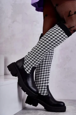 Damskie Boto Damskie Kozaki Skarpetkowe W Pepitkę Czarno-Białe Avira