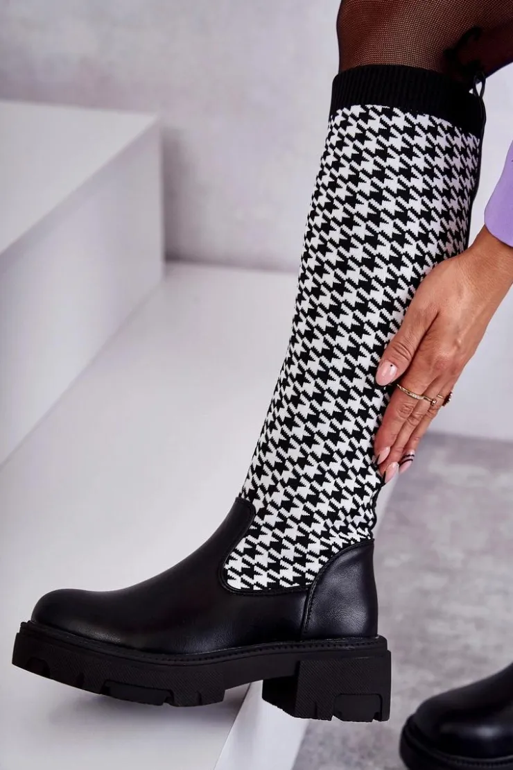 Damskie Boto Damskie Kozaki Skarpetkowe W Pepitkę Czarno-Białe Avira