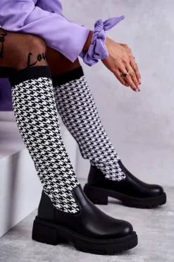 Damskie Boto Damskie Kozaki Skarpetkowe W Pepitkę Czarno-Białe Avira