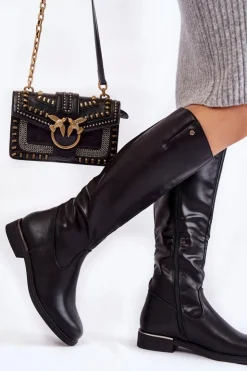 Buty Sergio Leone Damskie Kozaki Skórzane Na Płaskim Obcasie Czarne Asturio