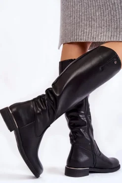 Buty Sergio Leone Damskie Kozaki Skórzane Na Płaskim Obcasie Czarne Asturio