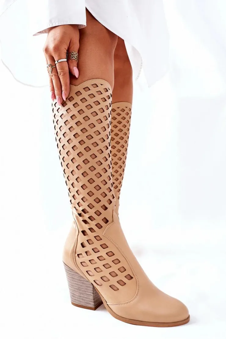 Damskie Boto Damskie Kozaki Z Ażurowym Wzorem Beżowe Verben
