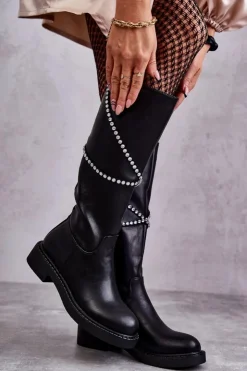 Damskie Boto Damskie Kozaki Z Ozdobami Czarne Finlay