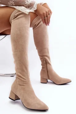 Damskie Boto Damskie Kozaki Za Kolano Na Niskim Obcasie Jasnobeżowe Maidna