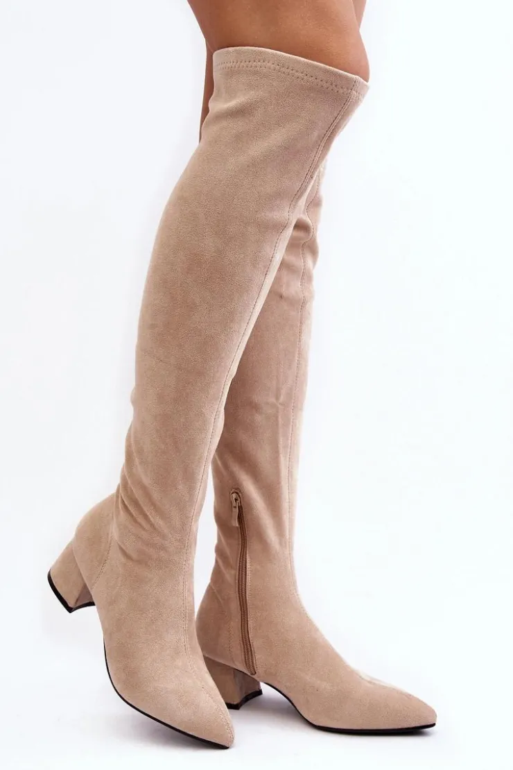 Damskie Boto Damskie Kozaki Za Kolano Na Niskim Obcasie Jasnobeżowe Maidna