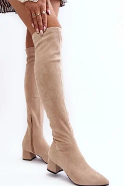 Damskie Boto Damskie Kozaki Za Kolano Na Niskim Obcasie Jasnobeżowe Maidna