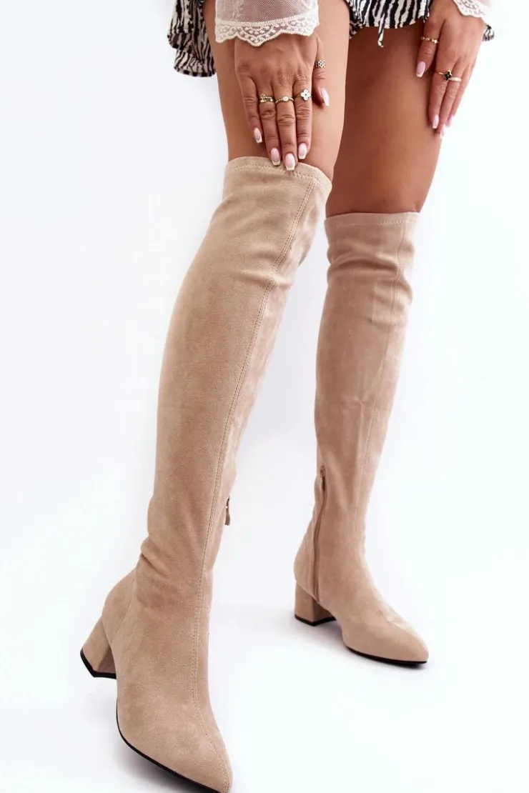 Damskie Boto Damskie Kozaki Za Kolano Na Niskim Obcasie Jasnobeżowe Maidna