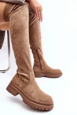 Evento Muszkieterki|Kozaki Za Kolano*Damskie Kozaki Za Kolano Na Płaskim Obcasie Beżowe Silune Beżowy
