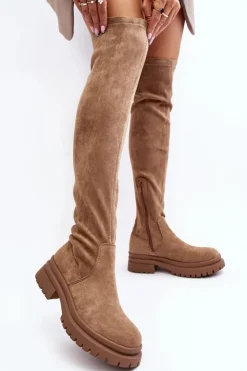 Evento Muszkieterki|Kozaki Za Kolano*Damskie Kozaki Za Kolano Na Płaskim Obcasie Beżowe Silune Beżowy