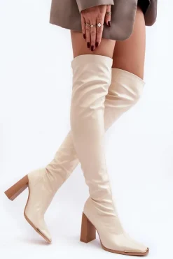 Boto Muszkieterki|Kozaki Za Kolano*Damskie Kozaki Za kolano Na Słupku Ekoskóra Beżowe Orcella