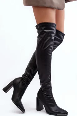 Boto Damskie Kozaki Za kolano Na Słupku Ekoskóra Czarne Orcella