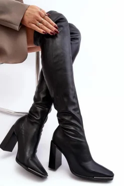 Boto Damskie Kozaki Za kolano Na Słupku Ekoskóra Czarne Orcella