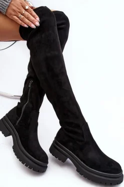 Damskie Evento Damskie Kozaki Za Kolano Na Płaskim Obcasie Czarne Silune
