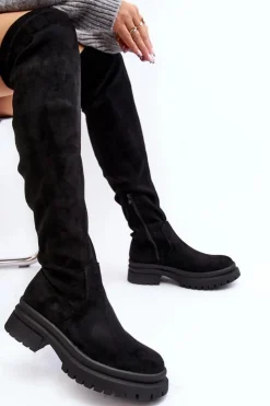 Damskie Evento Damskie Kozaki Za Kolano Na Płaskim Obcasie Czarne Silune