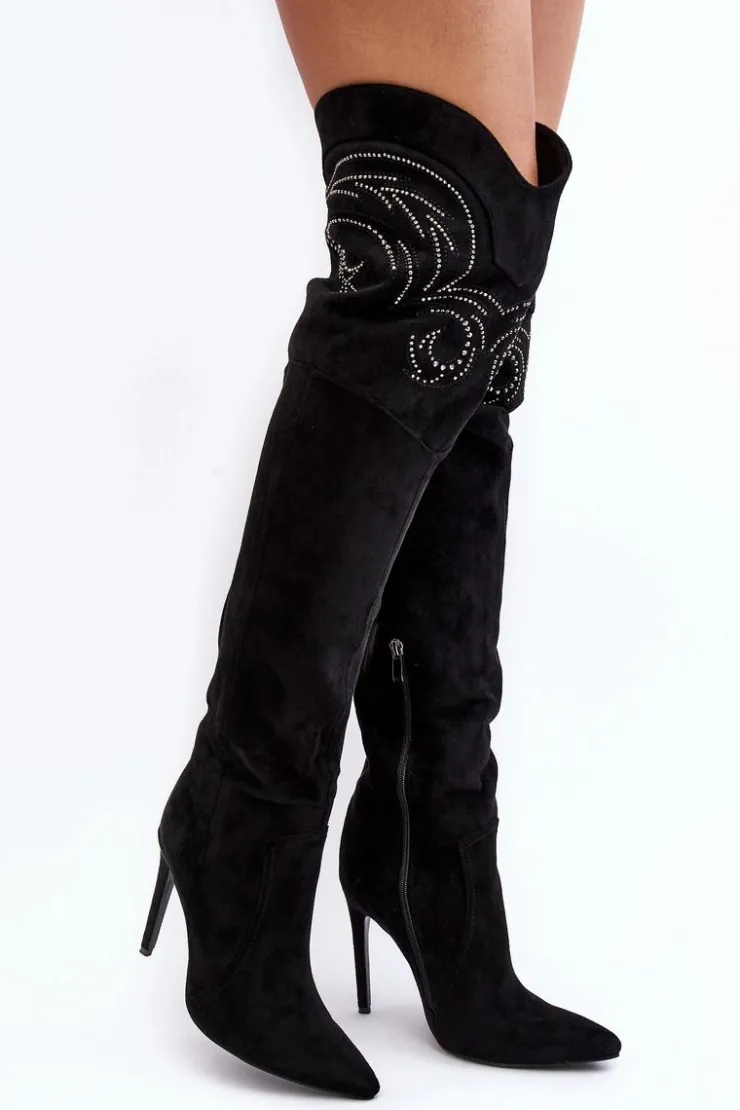 Damskie Boto Damskie Kozaki Za Kolano Na Szpilce Czarne Vessy