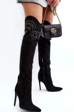 Damskie Boto Damskie Kozaki Za Kolano Na Szpilce Czarne Vessy