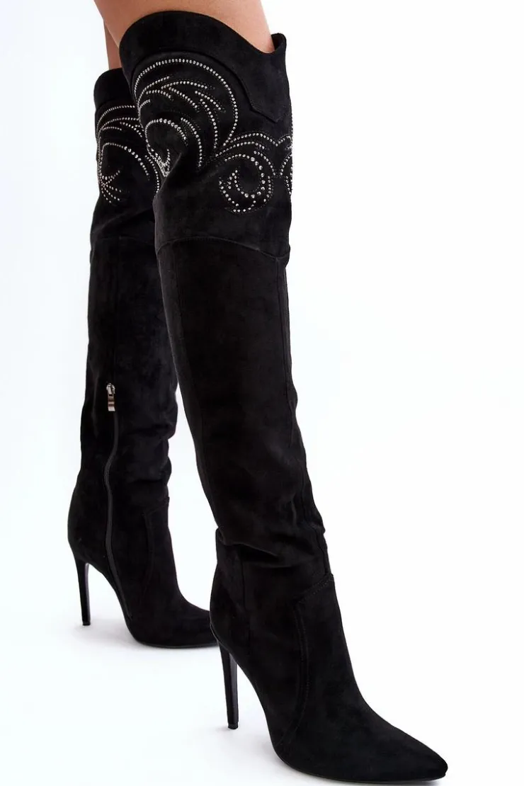 Damskie Boto Damskie Kozaki Za Kolano Na Szpilce Czarne Vessy