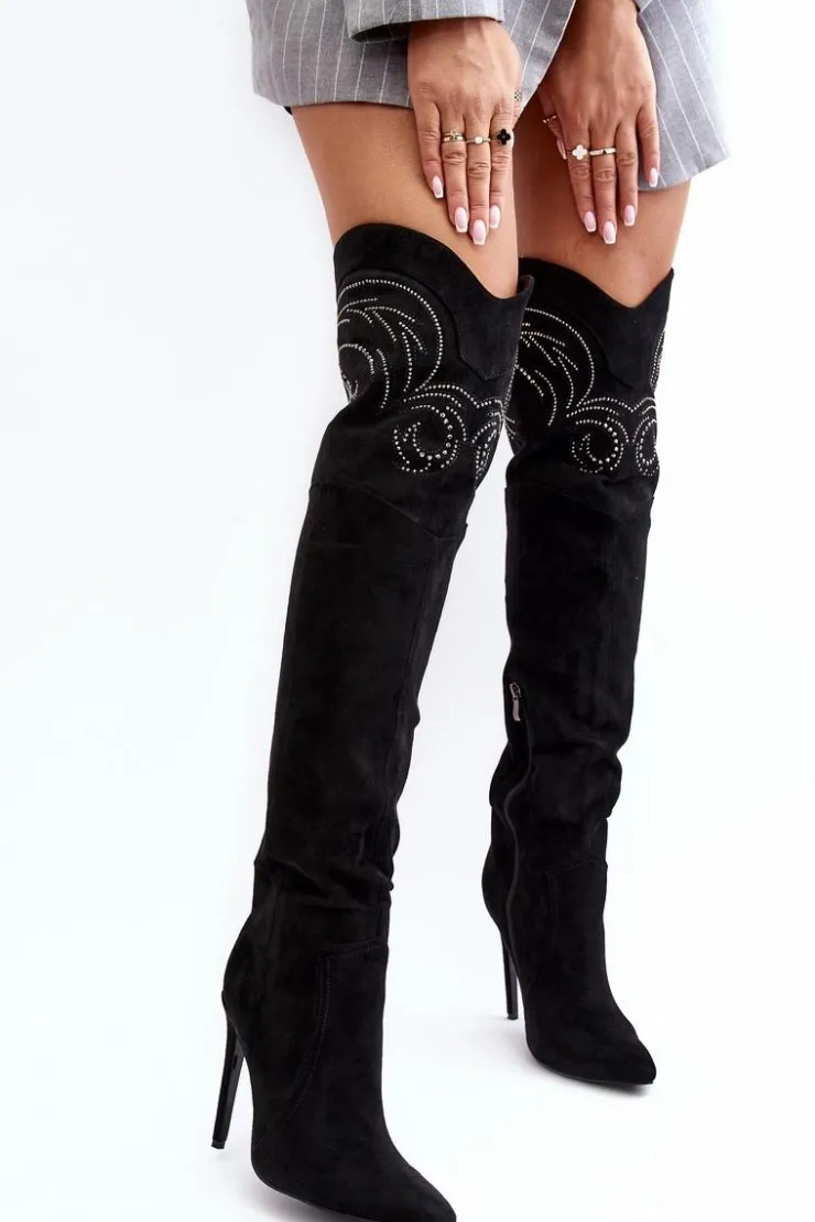 Damskie Boto Damskie Kozaki Za Kolano Na Szpilce Czarne Vessy