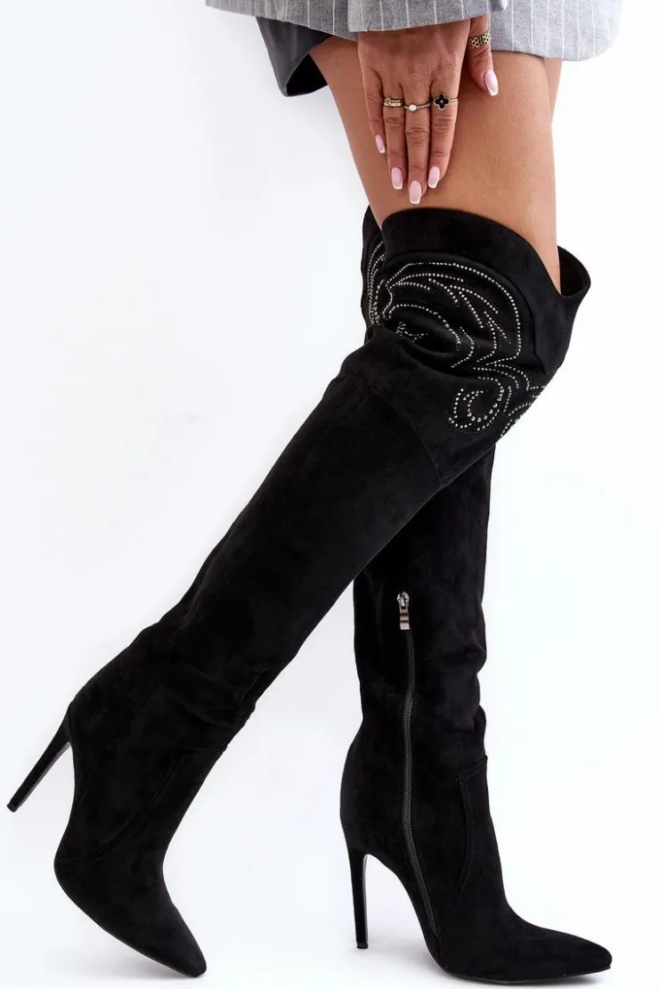 Damskie Boto Damskie Kozaki Za Kolano Na Szpilce Czarne Vessy