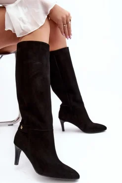 Discount Laura Messi Damskie Kozaki Zamszowe Na Szpilce 2694 Czarne