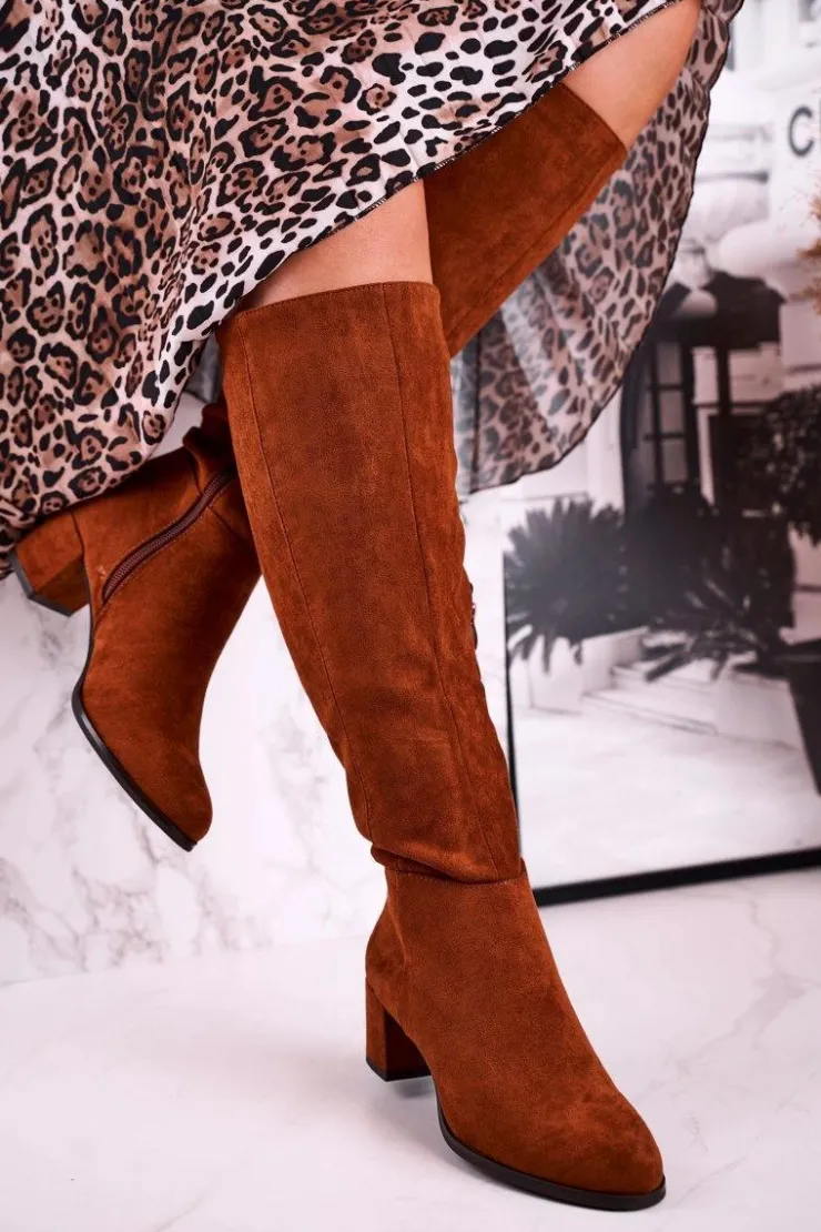 Buty Sergio Leone Kozaki Na Obcasie|Kozaki Zamszowe*Damskie kozaki zamszowe Sergio Leone camel KZ273