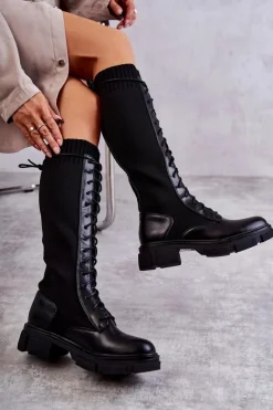 Boto Kozaki Wiosenne|Kozaki Płaskie*Damskie Kozaki Ze Skarpetą Na Płaskim Obcasie Czarne Verano