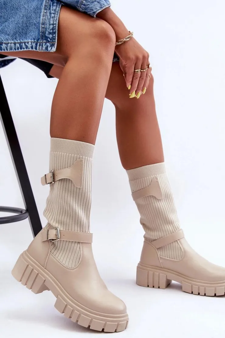 Damskie Boto Damskie Kozaki Ze Skarpetą Beżowe Abroze