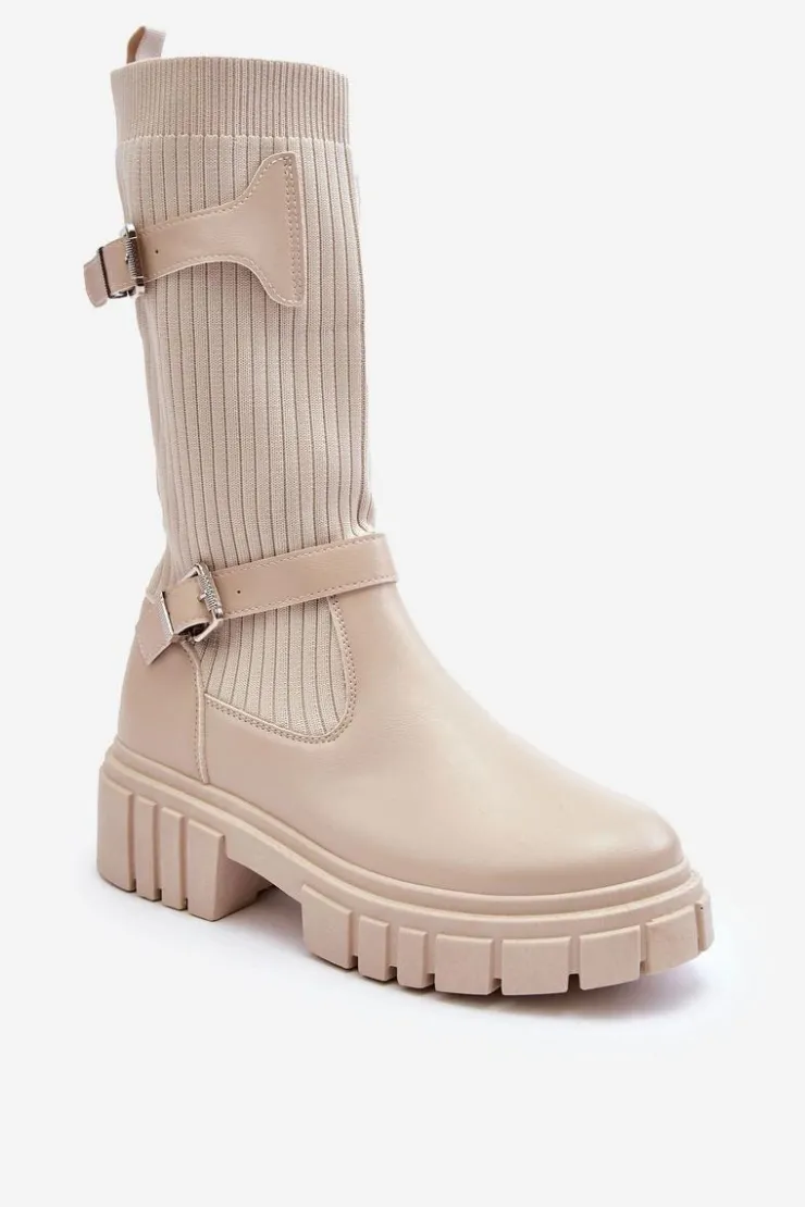 Damskie Boto Damskie Kozaki Ze Skarpetą Beżowe Abroze