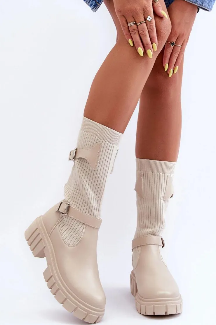 Damskie Boto Damskie Kozaki Ze Skarpetą Beżowe Abroze
