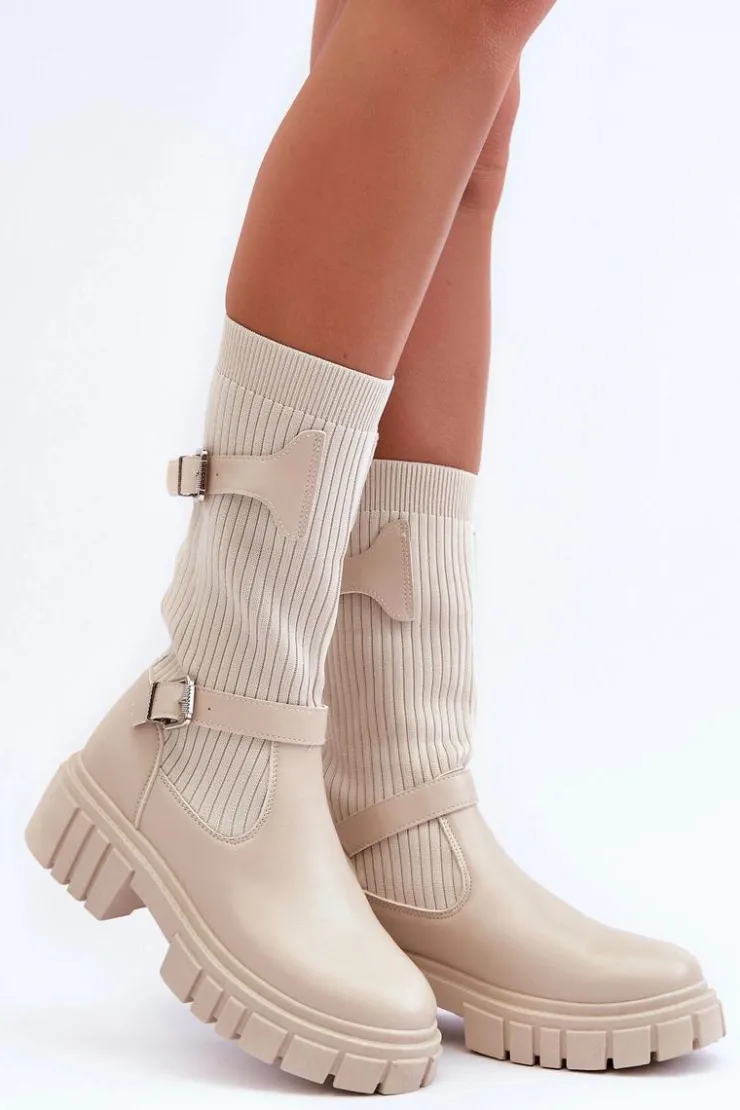 Damskie Boto Damskie Kozaki Ze Skarpetą Beżowe Abroze