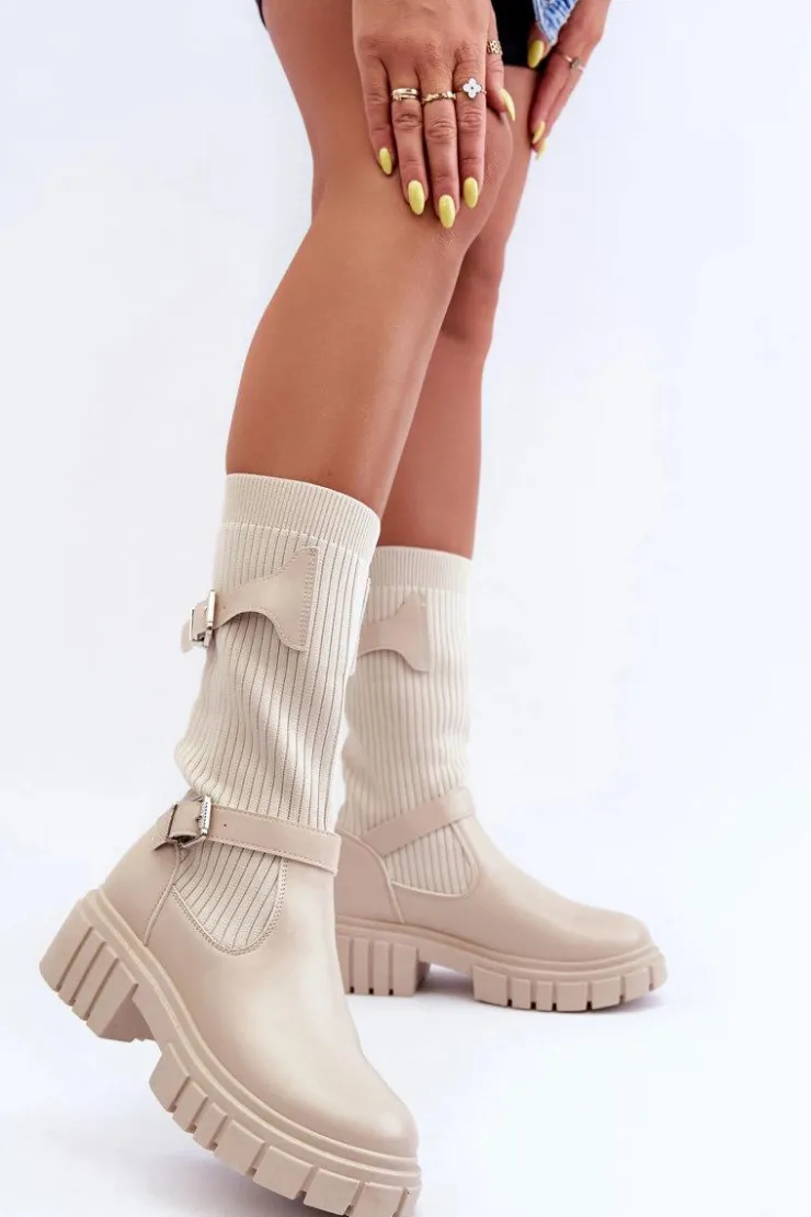 Damskie Boto Damskie Kozaki Ze Skarpetą Beżowe Abroze