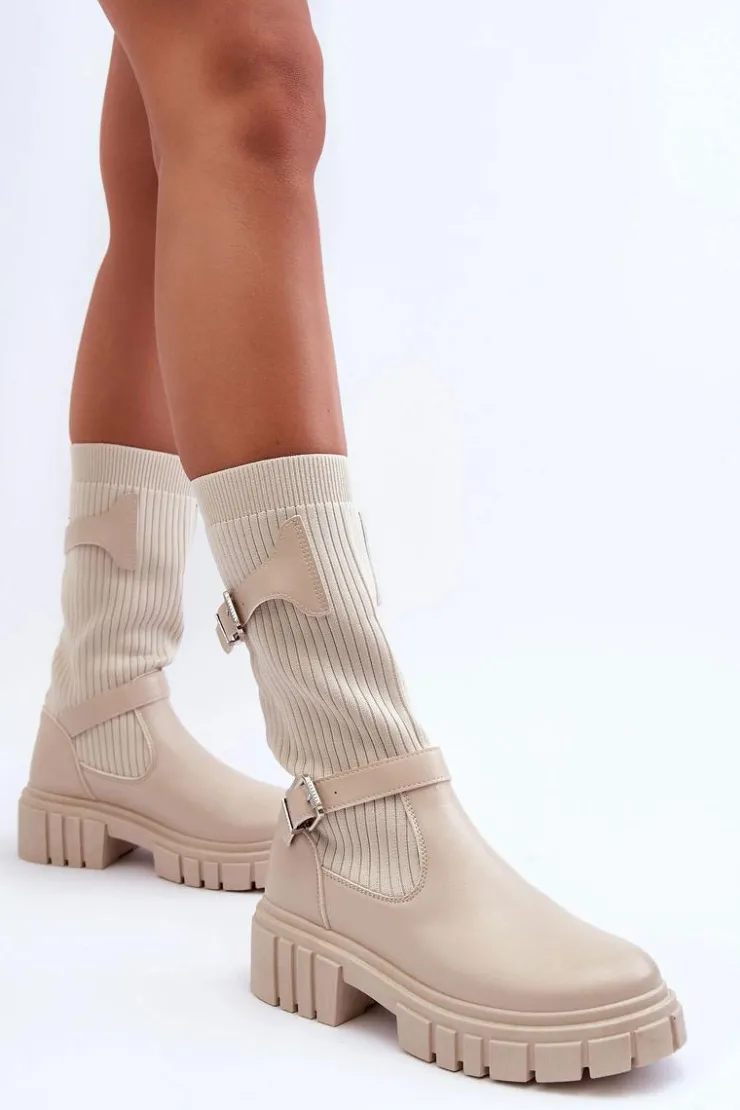 Damskie Boto Damskie Kozaki Ze Skarpetą Beżowe Abroze