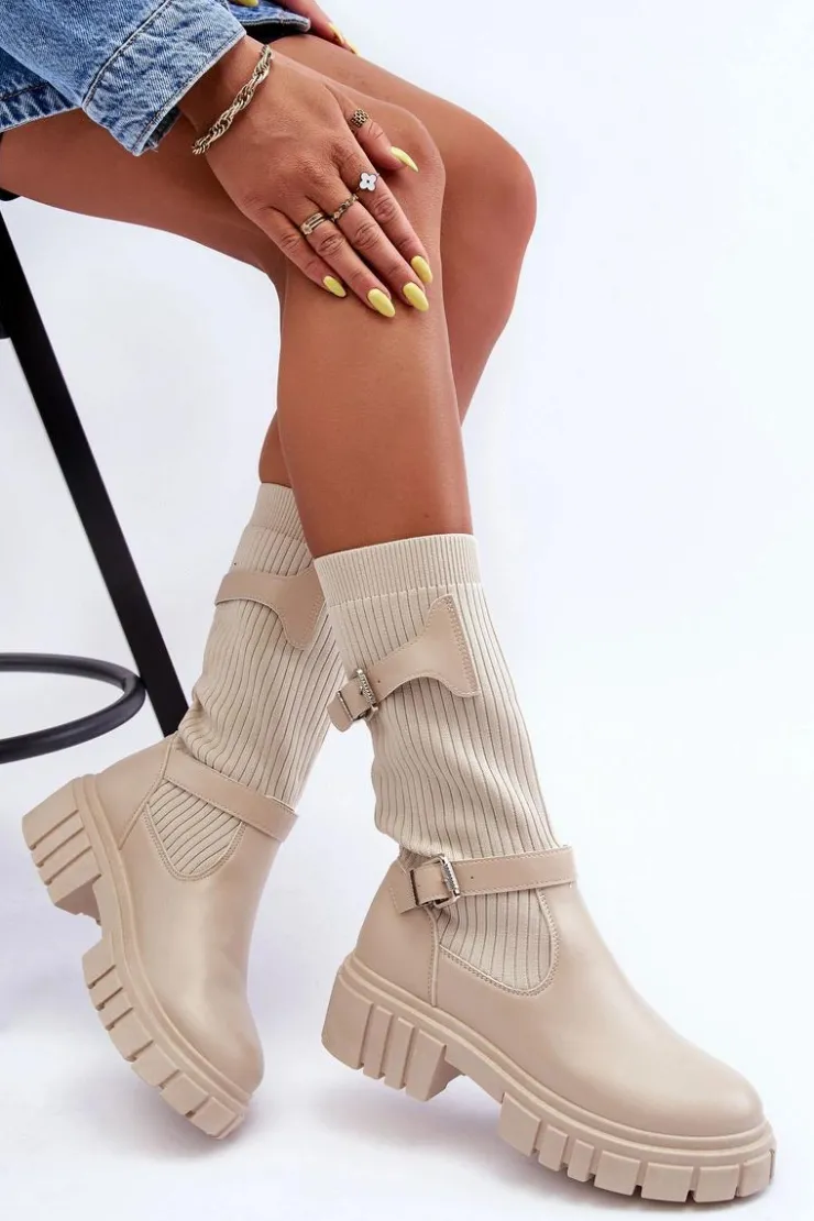 Damskie Boto Damskie Kozaki Ze Skarpetą Beżowe Abroze