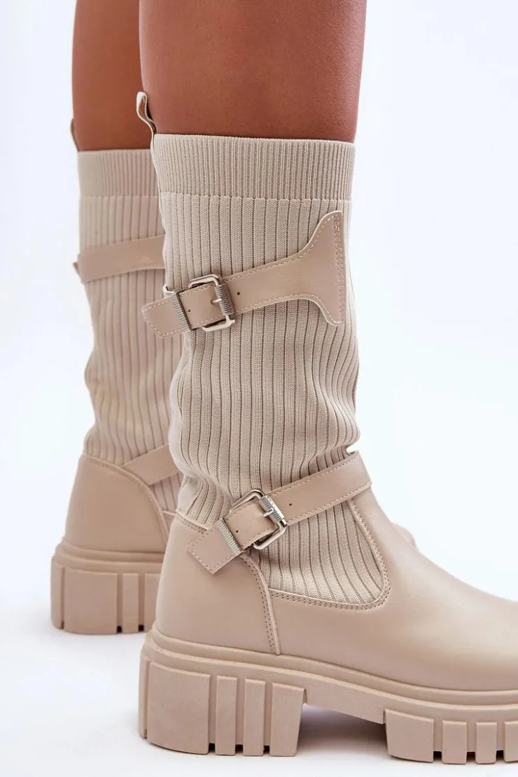Damskie Boto Damskie Kozaki Ze Skarpetą Beżowe Abroze