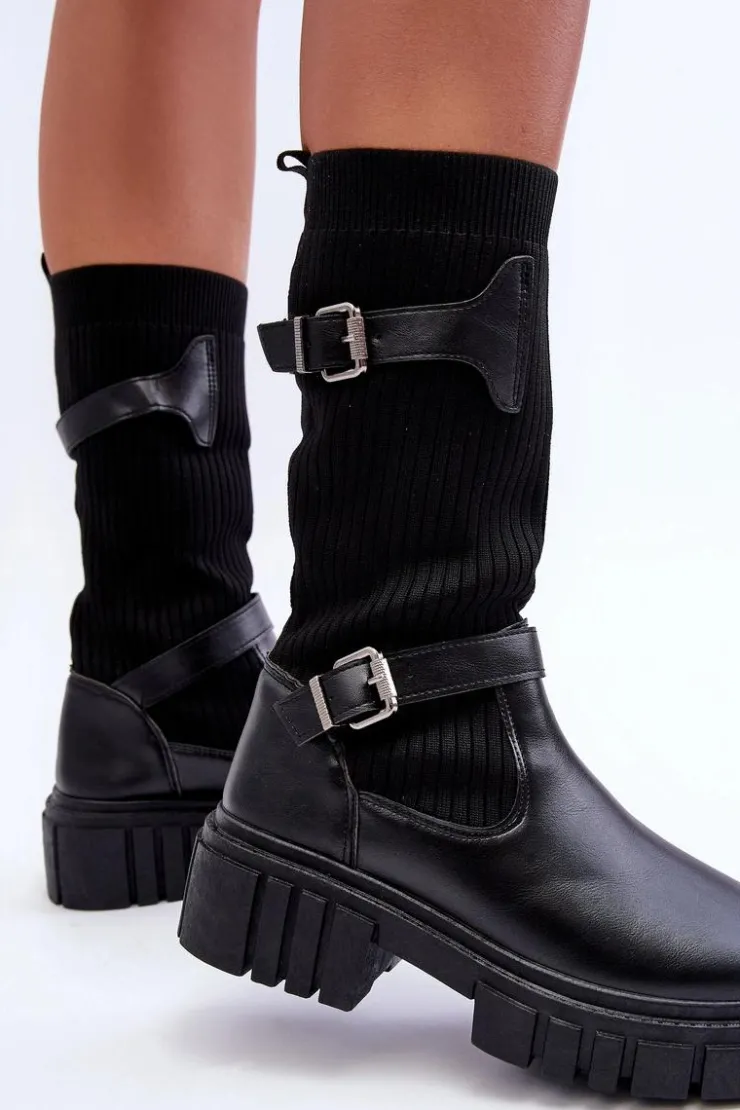 Hot Boto Damskie Kozaki Ze Skarpetą Czarne Abroze Czarny