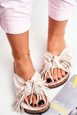 Hot Boto Damskie Kremowe Klapki Na Korku Frędzle Marina