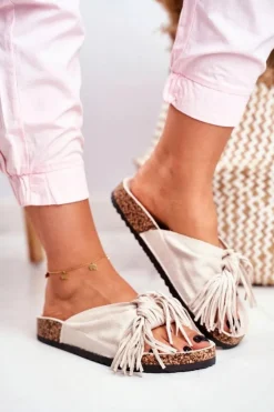 Hot Boto Damskie Kremowe Klapki Na Korku Frędzle Marina