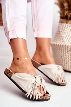 Hot Boto Damskie Kremowe Klapki Na Korku Frędzle Marina