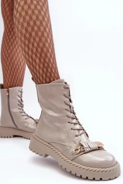 Damskie buty S.Barski Botki Ocieplane|Botki Sznurowane*Damskie Lakierowane Botki Workery Z Ozdobą D&A MR870-67 Jasnoszare Szary